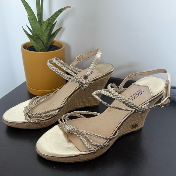Michael Kors gold Palm Beach strappy espadrilles wedge sandals - size 10 NWT - Picture 2 of 5